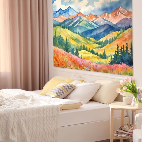 Exqcom Maximalist Mountain Floral Tapestry, Mountain Wall Decor, Colorful Abstract Nature Scenic Wildflowers Tapestries Wall Blanket for Home Bedroom Living Room Decor, 50x60 Inch in Saudi Arabia