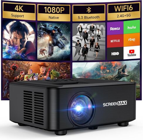 【التركيز الإلكتروني】جهاز عرض SCREENMAX صغير محمول، جهاز عرض مزود بتقنية 5G WIFI Bluetooth، ومكبرات صوت مزدوجة، وجهاز عرض فيديو للمسرح المنزلي 1080 بكسل، وجهاز عرض أفلام LED خارجي، متوافق مع وحدات التحكم في الألعاب، والكمبيوتر الشخصي، والهاتف in Kuwait