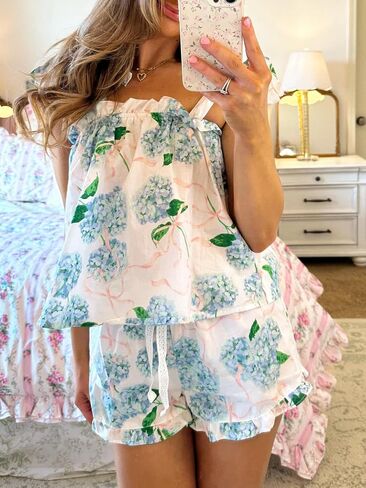 نساء Y2K شورت الأزهار Pajama مجموعة التعادل الكتف أعلى دبابة الخزان وشورت الكشكش 2 قطعة صالة in Saudi Arabia