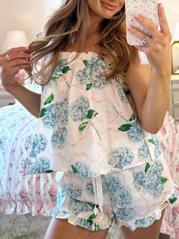 نساء Y2K شورت الأزهار Pajama مجموعة التعادل الكتف أعلى دبابة الخزان وشورت الكشكش 2 قطعة صالة in Saudi Arabia
