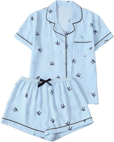 Women's 2 Piece Plaid Pajama Sets Bow Print Short Sleeve Button Down Shirt and Shorts Lounge Set Pjs in Saudi Arabia