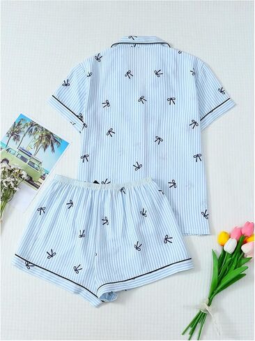 Women's 2 Piece Plaid Pajama Sets Bow Print Short Sleeve Button Down Shirt and Shorts Lounge Set Pjs in Saudi Arabia