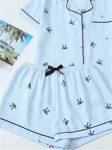 Women's 2 Piece Plaid Pajama Sets Bow Print Short Sleeve Button Down Shirt and Shorts Lounge Set Pjs in Saudi Arabia