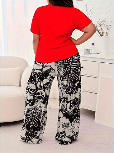 Verdusa Women's Plus Size 2 قطعة رسومات جمجمة Pajama مجموعة القوطي القوطية قصيرة Tee Top و Pants Loungewear in Kuwait