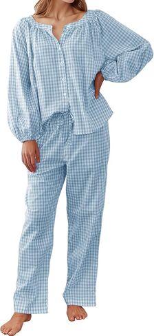 Flygo Womens Gingham Pajama مجموعة 2 قطعة من القطن منقو in Kuwait