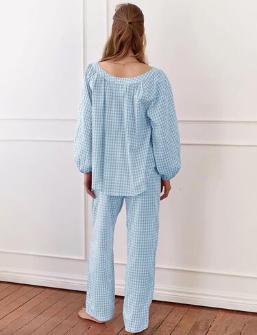 Flygo Womens Gingham Pajama مجموعة 2 قطعة من القطن منقو in Kuwait