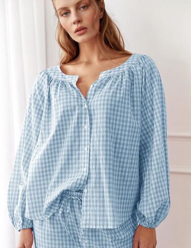 Flygo Womens Gingham Pajama مجموعة 2 قطعة من القطن منقو in Kuwait