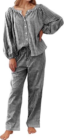 Flygo Womens Gingham Pajama مجموعة 2 قطعة من القطن منقو in Saudi Arabia