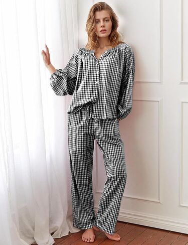 Flygo Womens Gingham Pajama مجموعة 2 قطعة من القطن منقو in Saudi Arabia