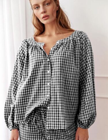 Flygo Womens Gingham Pajama مجموعة 2 قطعة من القطن منقو in Saudi Arabia