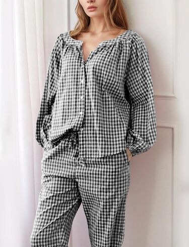 Flygo Womens Gingham Pajama مجموعة 2 قطعة من القطن منقو in Saudi Arabia