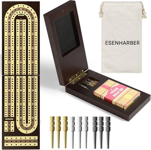 Cribbage Board Game Set, Premium Wooden Board with Magnetic Lock and Metal Pegs, 2 Playing Cards, and Large Storage - Travel-Friendly Continuous 3 Track Board in Kuwait