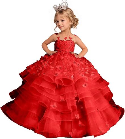 Flower Girl Dress 3D Butterflies Appliques Pageant Dresses for Girls Sparkling Tulle First Communion Dress in Kuwait