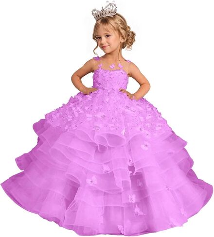Flower Girl Dress 3D Butterflies Appliques Pageant Dresses for Girls Sparkling Tulle First Communion Dress in Kuwait
