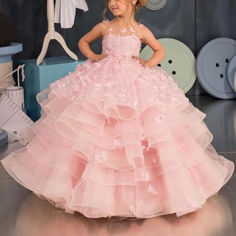 Flower Girl Dress 3D Butterflies Appliques Pageant Dresses for Girls Sparkling Tulle First Communion Dress in Kuwait