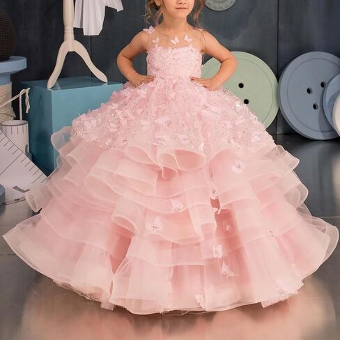 Flower Girl Dress 3D Butterflies Appliques Pageant Dresses for Girls Sparkling Tulle First Communion Dress in Kuwait