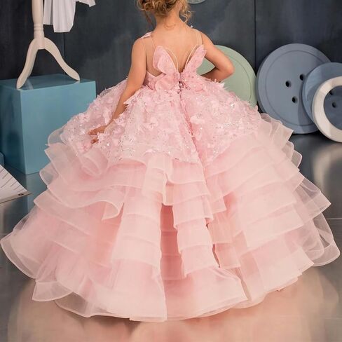 Flower Girl Dress 3D Butterflies Appliques Pageant Dresses for Girls Sparkling Tulle First Communion Dress in Kuwait