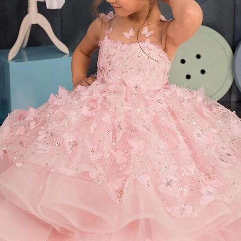 Flower Girl Dress 3D Butterflies Appliques Pageant Dresses for Girls Sparkling Tulle First Communion Dress in Kuwait