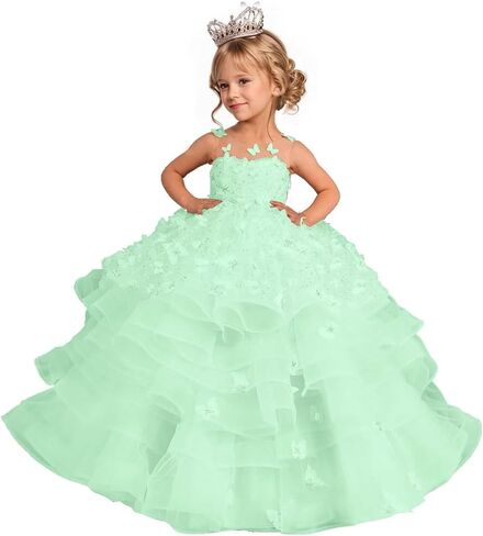 Flower Girl Dress 3D Butterflies Appliques Pageant Dresses for Girls Sparkling Tulle First Communion Dress in Kuwait
