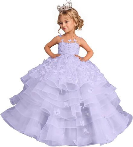 Flower Girl Dress 3D Butterflies Appliques Pageant Dresses for Girls Sparkling Tulle First Communion Dress in Kuwait