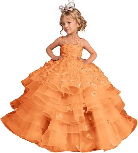 Flower Girl Dress 3D Butterflies Appliques Pageant Dresses for Girls Sparkling Tulle First Communion Dress in Kuwait