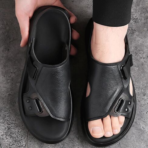 صندل مسطح من الجلد للرجال مع أحزمة الكاحل ثنائية الاستخدام القابلة للتعديل in Kuwait