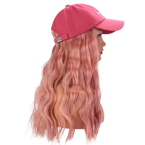 Hat Wig Pink Baseball Cap with Wavy Hair for Women Girls Adjustable Baseball Cap Heat Resistant Synthetic Wig (Raspberry Pink in Kuwait