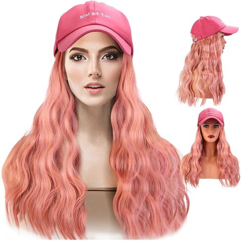 Hat Wig Pink Baseball Cap with Wavy Hair for Women Girls Adjustable Baseball Cap Heat Resistant Synthetic Wig (Raspberry Pink in Kuwait