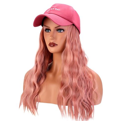 Hat Wig Pink Baseball Cap with Wavy Hair for Women Girls Adjustable Baseball Cap Heat Resistant Synthetic Wig (Raspberry Pink in Kuwait