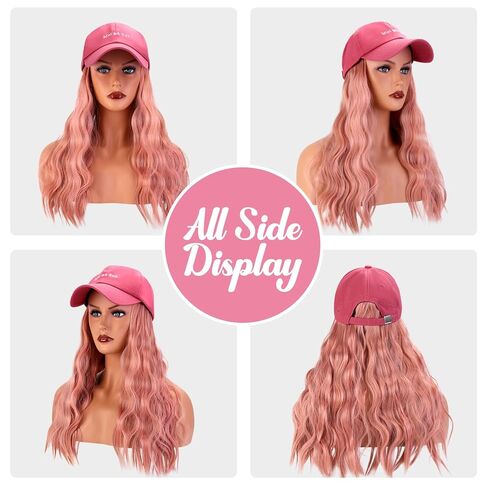 Hat Wig Pink Baseball Cap with Wavy Hair for Women Girls Adjustable Baseball Cap Heat Resistant Synthetic Wig (Raspberry Pink in Kuwait
