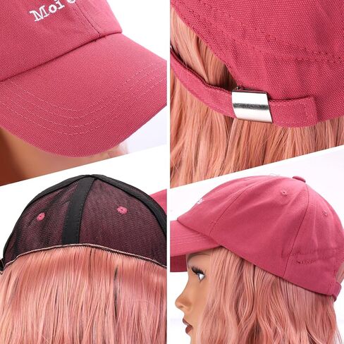 Hat Wig Pink Baseball Cap with Wavy Hair for Women Girls Adjustable Baseball Cap Heat Resistant Synthetic Wig (Raspberry Pink in Kuwait