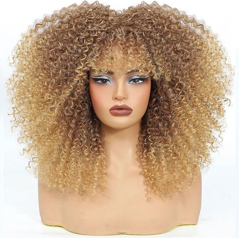 Curly Wig Afro Curly Wigs for Black Women Afro Kinky Curly Wig With Bangs Full and Fluffy Glueless Wig Synthetic Hair Replacement Wigs for Cosplay and Daily (Ombre Blonde, 16inch) in Saudi Arabia