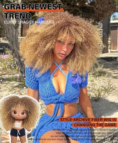 Curly Wig Afro Curly Wigs for Black Women Afro Kinky Curly Wig With Bangs Full and Fluffy Glueless Wig Synthetic Hair Replacement Wigs for Cosplay and Daily (Ombre Blonde, 16inch) in Saudi Arabia