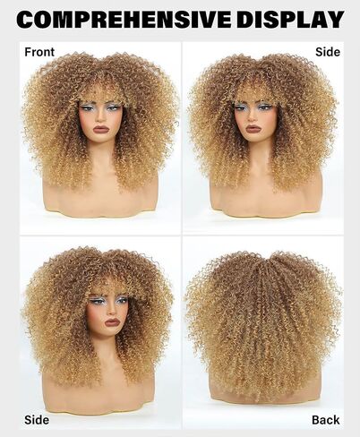 Curly Wig Afro Curly Wigs for Black Women Afro Kinky Curly Wig With Bangs Full and Fluffy Glueless Wig Synthetic Hair Replacement Wigs for Cosplay and Daily (Ombre Blonde, 16inch) in Saudi Arabia
