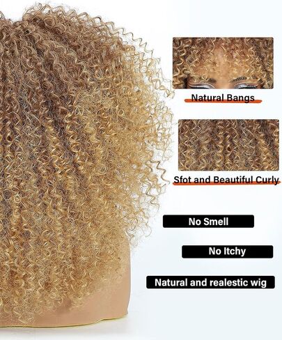 Curly Wig Afro Curly Wigs for Black Women Afro Kinky Curly Wig With Bangs Full and Fluffy Glueless Wig Synthetic Hair Replacement Wigs for Cosplay and Daily (Ombre Blonde, 16inch) in Saudi Arabia