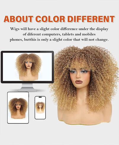 Curly Wig Afro Curly Wigs for Black Women Afro Kinky Curly Wig With Bangs Full and Fluffy Glueless Wig Synthetic Hair Replacement Wigs for Cosplay and Daily (Ombre Blonde, 16inch) in Saudi Arabia