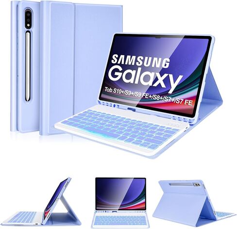 SOPPY 7 Colors Backlit Keyboard Case with Mouse for 12.4" Samsung Galaxy Tab S7 FE/S7 Plus/S8 Plus/S9 FE Plus/S9 Plus/S10+, Wireless Keyboard with Case & Pen Holder for Samsung Tab 12.4 Inch, Black in Kuwait