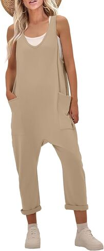 Jumpsuits for Women Casual Sleeveless V Neck Solid Overalls One Piece Long Pants Romper with Pockets in Kuwait
