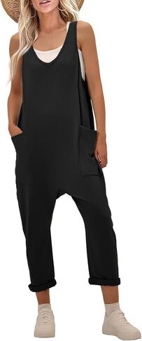 Jumpsuits for Women Casual Sleeveless V Neck Solid Overalls One Piece Long Pants Romper with Pockets in Kuwait