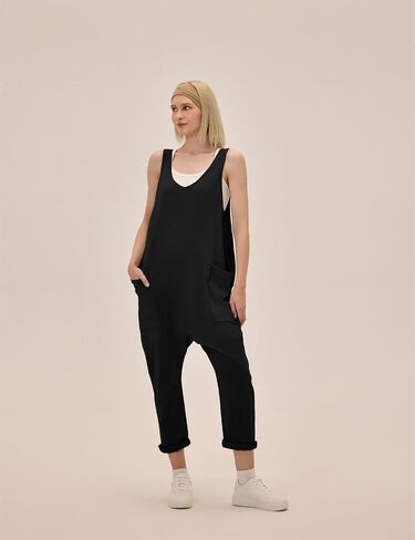Jumpsuits for Women Casual Sleeveless V Neck Solid Overalls One Piece Long Pants Romper with Pockets in Kuwait