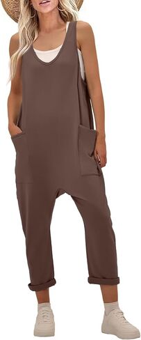 Jumpsuits for Women Casual Sleeveless V Neck Solid Overalls One Piece Long Pants Romper with Pockets in Kuwait