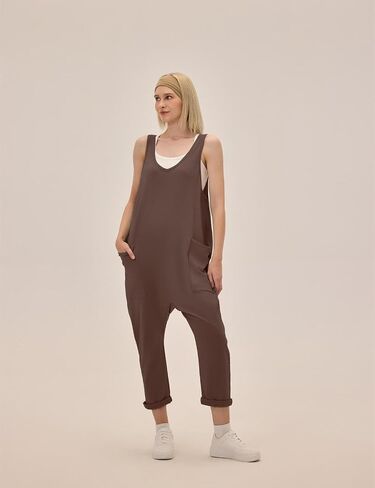 Jumpsuits for Women Casual Sleeveless V Neck Solid Overalls One Piece Long Pants Romper with Pockets in Kuwait