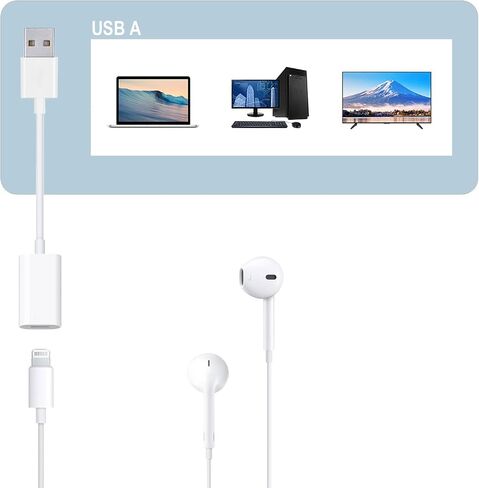 كابل محول صوت USB ذكر إلى Lightning Female، محول من النوع A إلى Lightning Dongle يدعم التحكم في مستوى الصوت بميكروفون متوافق مع سماعات رأس كمبيوتر MacBook وسماعات الأذن وسماعات الأذن والمزيد in Kuwait