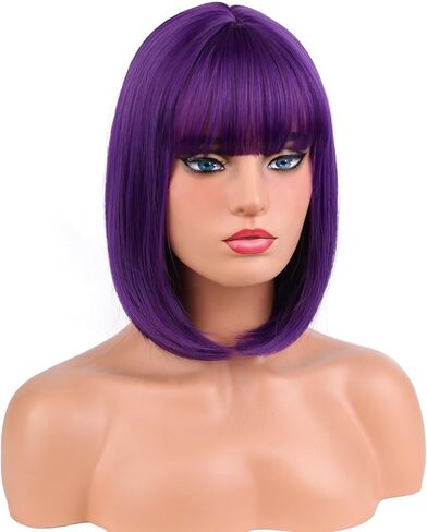 MAGQOO Dark Purple Wig for Women Girls Mardi Gras Bob Wig Short Straight Purple Wig with Bangs Synthetic Heat Resistant Halloween in Kuwait
