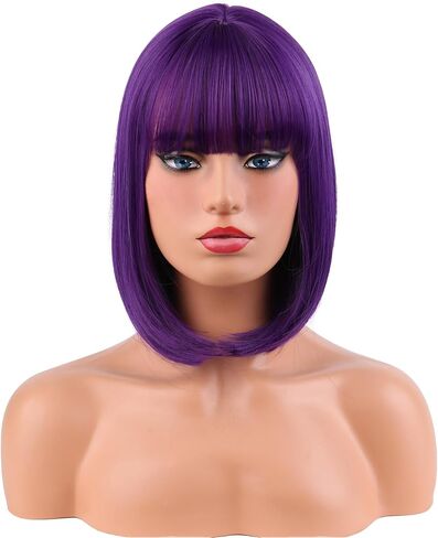 MAGQOO Dark Purple Wig for Women Girls Mardi Gras Bob Wig Short Straight Purple Wig with Bangs Synthetic Heat Resistant Halloween in Kuwait
