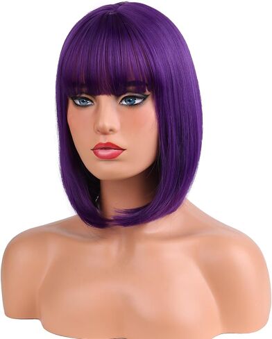 MAGQOO Dark Purple Wig for Women Girls Mardi Gras Bob Wig Short Straight Purple Wig with Bangs Synthetic Heat Resistant Halloween in Kuwait