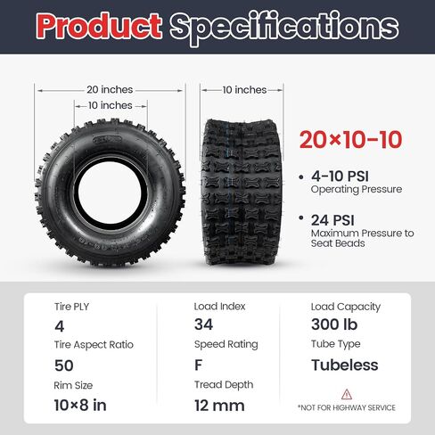 Set of 2 All-Terrain ATV UTV Tires 20x10-10 20x10x10 for Off-road, Trail, Mud, and Sand, 4-Ply, Tubeless in Kuwait