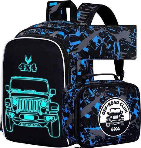 KLFVB 3PCS Boys Dinosaur Backpack, Luminous School Backpacks with Lunch Box, 17" Water Resistant Kids Camo Bookbag for Middle Elementary Teens to School Travel - Luminous Dinosaur in Saudi Arabia