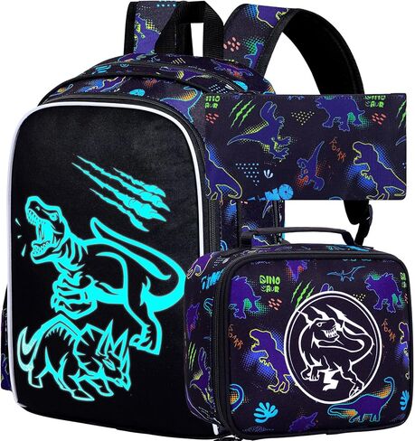 KLFVB 3PCS Boys Dinosaur Backpack, Luminous School Backpacks with Lunch Box, 17" Water Resistant Kids Camo Bookbag for Middle Elementary Teens to School Travel - Luminous Dinosaur in Kuwait