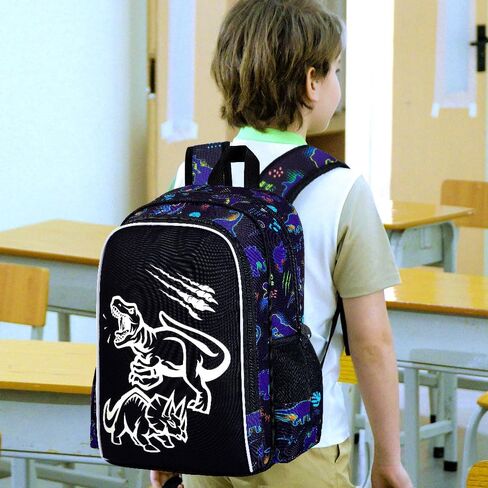 KLFVB 3PCS Boys Dinosaur Backpack, Luminous School Backpacks with Lunch Box, 17" Water Resistant Kids Camo Bookbag for Middle Elementary Teens to School Travel - Luminous Dinosaur in Kuwait